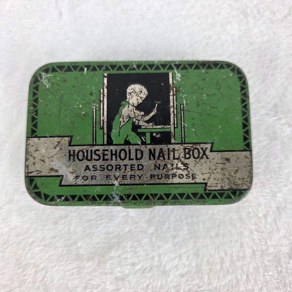 Vintage Art Deco Household Nail Box Assorted Nails Tin Storage Box Empty Green